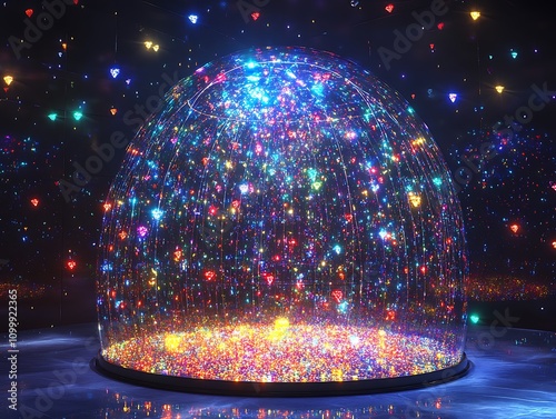 A radiant glass dome filled with cascading colorful lights for festivities