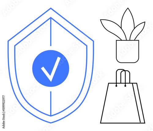 Shield with blue checkmark, potted plant, and shopping bag. Ideal for online shopping, cybersecurity, eco-friendly products, consumer protection, retail security e-commerce safe purchasing. Line