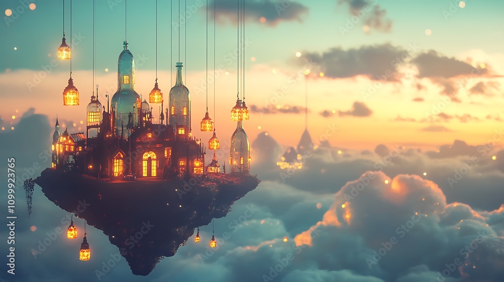 Obraz premium Enchanting Bottle City Floating Above Cloudscape Sunset