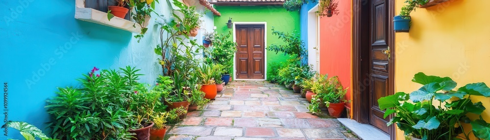 Fototapeta premium Maisonette with a small private garden, vibrant greenery, cozy retreat in an urban setting