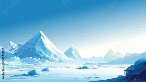 Arctic landscape with white mountains and glaciers. An icy stillness and cold serenity. Icy Arctic landscape under the northern sun. Vector panoramic illustration.