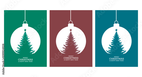 Modern Festive Design Merry Christmas Greeting Cards with Ball decoration and Christmas Tree cars set.