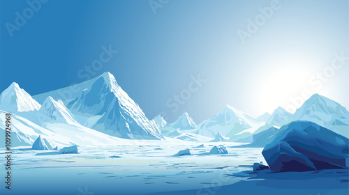 Arctic landscape with white mountains and glaciers. An icy stillness and cold serenity. Icy Arctic landscape under the northern sun. Vector panoramic illustration.