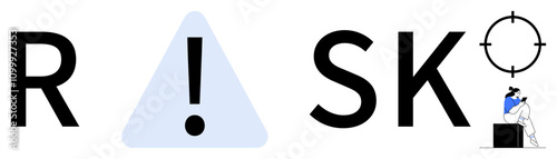 RISK spelled out with R, warning triangle with exclamation mark as I, S, and individual sitting in crosshairs as K. Ideal for finance, insurance, business, security, management education