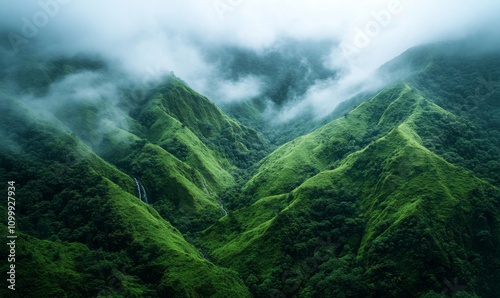 Lush green landscape in Cherrapunji, India with cascading waterfalls and misty clouds , India, Cherrapunjee, Northeast India