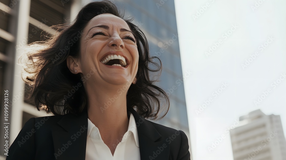 Obraz premium Joyful woman laughing against an urban backdrop.
