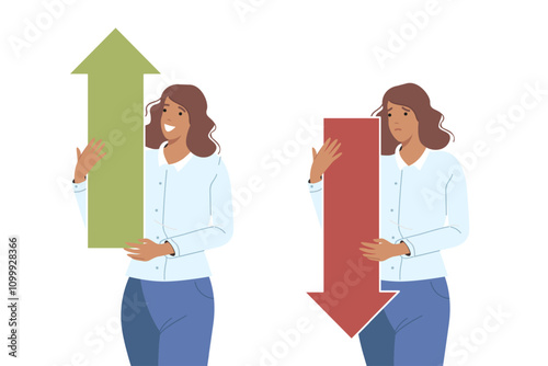 Woman business analyst holds up and down arrows, demonstrating growth or fall of company income. Girl analyst or accountant predicts increases and decreases in salaries due to market volatility