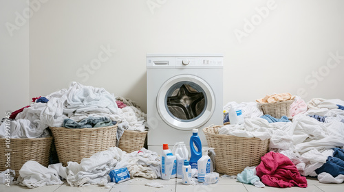Overflowing Laundry Room with Baskets of Unwashed Clothes Near Washing Machine Creating a Messy and Disorganized Space photo