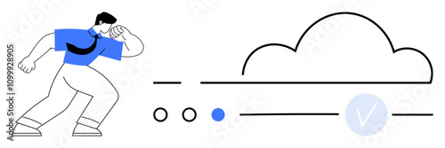 Person running towards cloud with verification tick, representing digital access. Ideal for tech, cloud storage, cybersecurity, data protection, web services, digital transformation innovation. Line