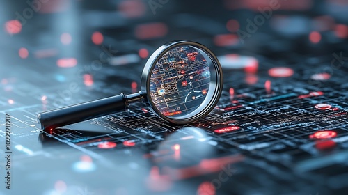A 3D magnifying glass hovering over a digital network revealing intricate nodes and connections that symbolize the powerful search capabilities of modern technology to uncover obscure and hidden data