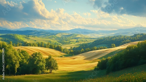 Rolling Hills Landscape With Golden Fields And Trees