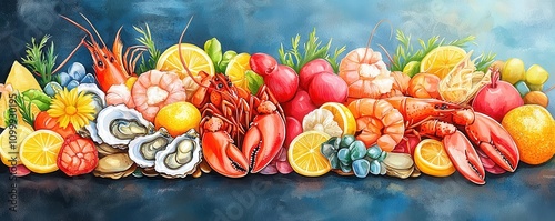 Seafood platter with lobster, shrimp, and oysters, chalkdrawn with vibrant highlights, festive and fresh photo