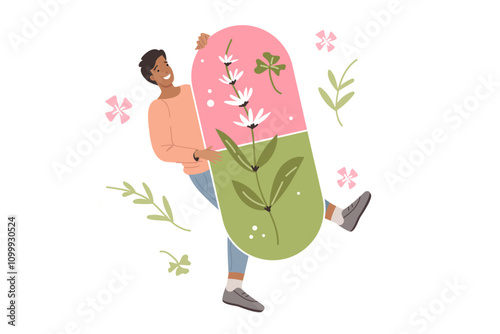 Man holds organic pill made from natural herbs using alternative medicine and homeopathy. Guy is interested in producing dietary supplements to improve immunity and alternative medicine