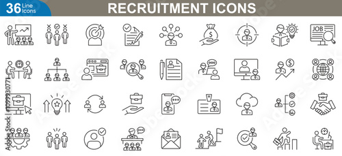 Recruitment line icons set. Includes icon human resources, career development, job search, cv screening, staff selection and more. vector illustration.