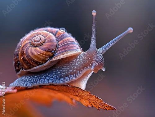 A snail crawling along a dewcovered leaf in a macrofocused scene photo