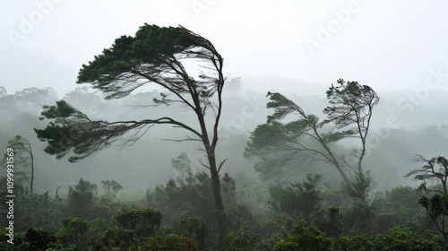 Tropical rainforest trees bent by the force of wind. Strong thunderstorm, heavy rainfall in Australian outback forest. Misty stormy scenery showcasing the power of nature, cyclone. Seasonal downpour.