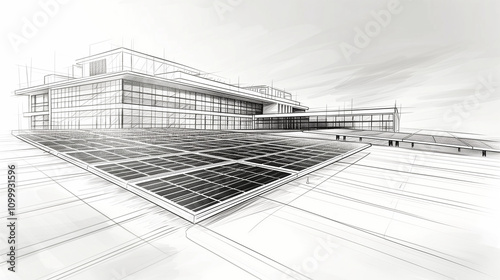 Illustration of a modern building with solar panels on the roof under clear skies, technical sketch style