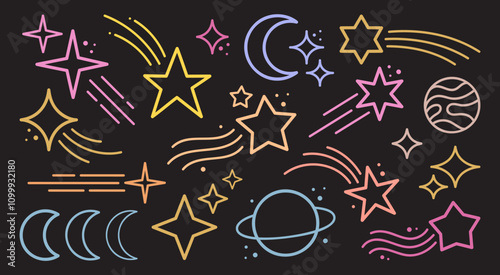 Collection of colourful hand-drawn line icons featuring stars, moons, planets, and cosmic elements on a dark background. Design for space themed projects, decorative designs, or creative compositions