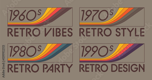 Collection of vintage retro label inspired by 1960s to 1990s aesthetics. Design features colourful wavy elements and bold typography. Can be use for posters, branding and printing