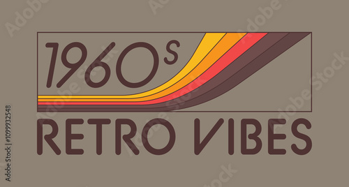 Vintage 1960s Retro Vibes label inspired by 60s aesthetics. Design features colourful wavy elements and bold typography. Can be use for posters, branding and printing