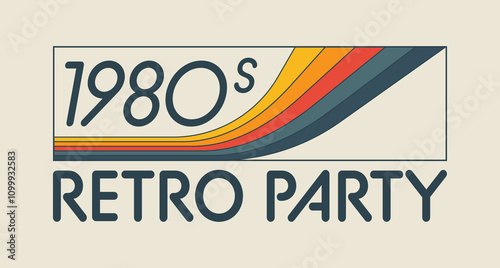 Vintage 1980s Retro Party label inspired by 80s aesthetics. Design features colourful wavy elements and bold typography. Can be use for posters, branding and printing