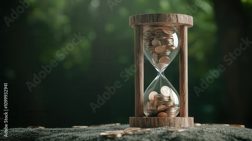 Hourglass filled with coins and a graph, representing timesensitive investment decisions during risks photo