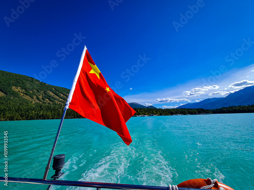 kanasi lake landscape or mountain view, scenery of mountain in China, travel destination or tour tourism, xinjiang, majestic panorama nature view. destination, blue sky, hill top, calmness. photo