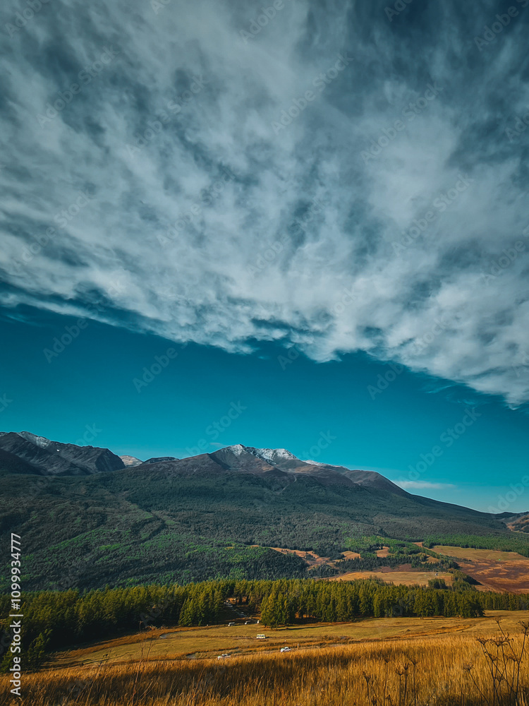 Fototapeta premium kanasi lake landscape or mountain view, scenery of mountain in China, travel destination or tour tourism, xinjiang, majestic panorama nature view. destination, blue sky, hill top, calmness.