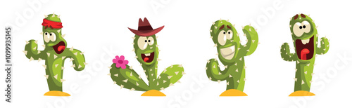 Green Cactus Character with Different Face Emotion Vector Set