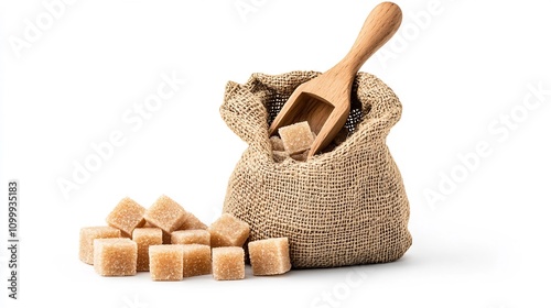 Fresh Sugar Cubes in Burlap Sack with Wooden Scoop Food Ingredient Concept photo