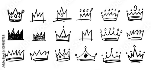 Hand drawn crown sparkling doodle sketch diadem royalty scribble crayon chalk style set collection