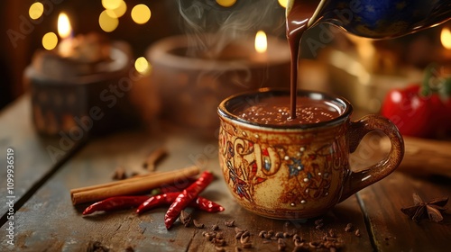 a cup of traditional Mexican hot chocolate made on a wooden table