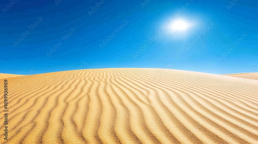 Naklejka premium Expansive Desert Dune with Captivating Rippling Sand Patterns under Clear Blue Sky