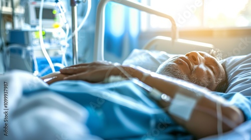 Unconscious person on hospital bed with medical equipment and IV drips, symbolizing aftermath of drug overdose, focused on distressed face in dimly lit room.