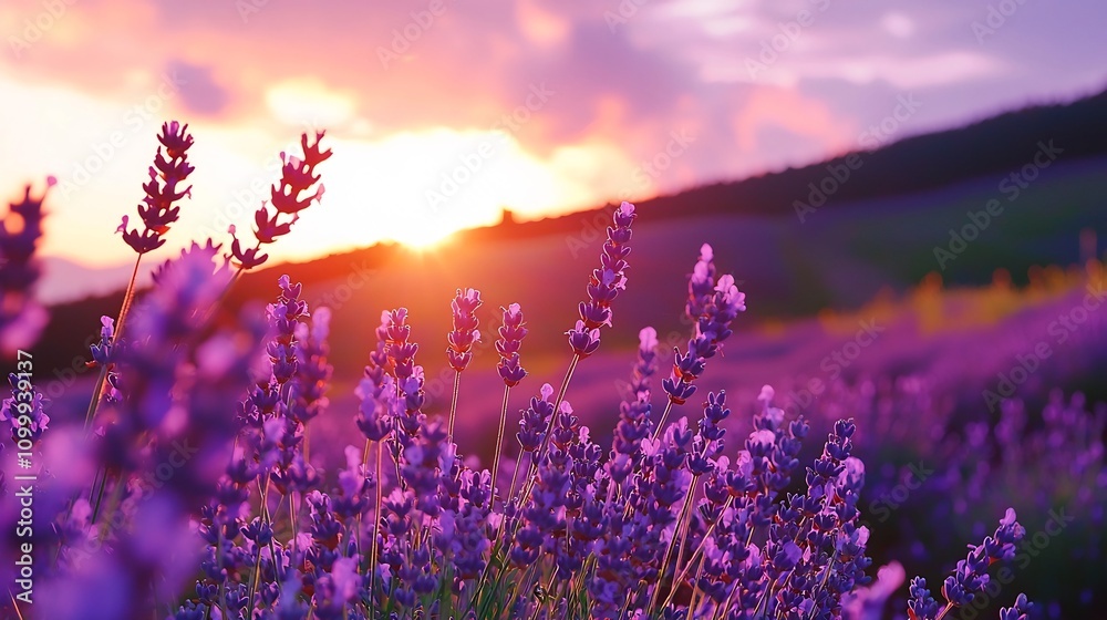 Obraz premium Soft Nature Open, Serene Lavender Fields Under a Pastel Sunset Sky with Ample Copy Space