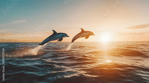 Two dolphins leap out of the water at sunset, silhouetted against the golden sky.