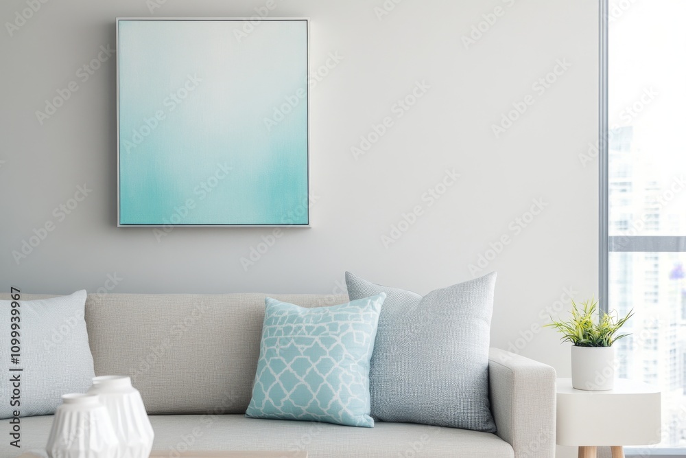 Fototapeta premium Soft tones in modern living room with light colors and decorative pillows