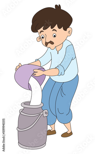 Milkman is filling milk in the container with bucket