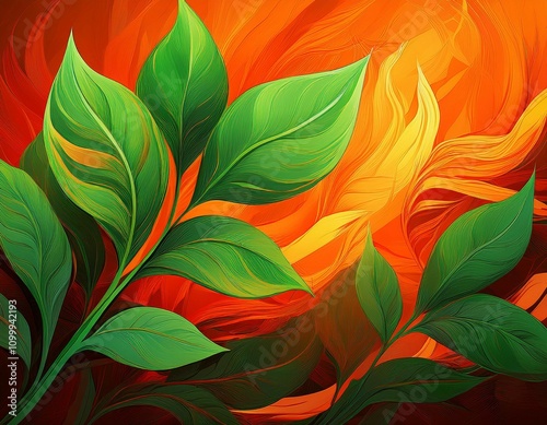green leaves orange fire abstract artwork depicting a fiery orange background with green leaves representing the power of life and growth even in difficult situations