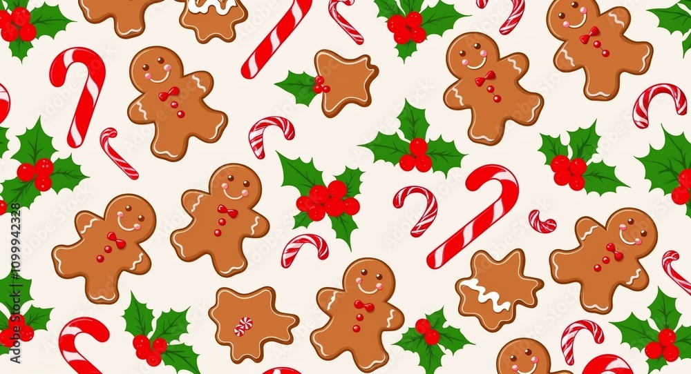 Fototapeta premium A charming design with gingerbread men candy canes and holly leaves in bright cheerful colors for a sweet holiday feel