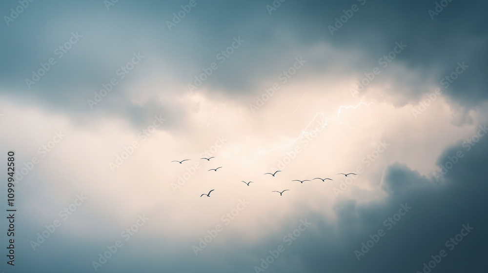 Fototapeta premium Dramatic Stormy Sky with Lightning and Migrating Birds