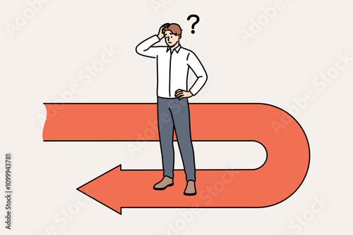 Frustrated businessman has fallen victim to crisis and is forced to move backwards to avoid bankruptcy, scratching head. Sad manager stands on red arrow back symbolizing recession and crisis