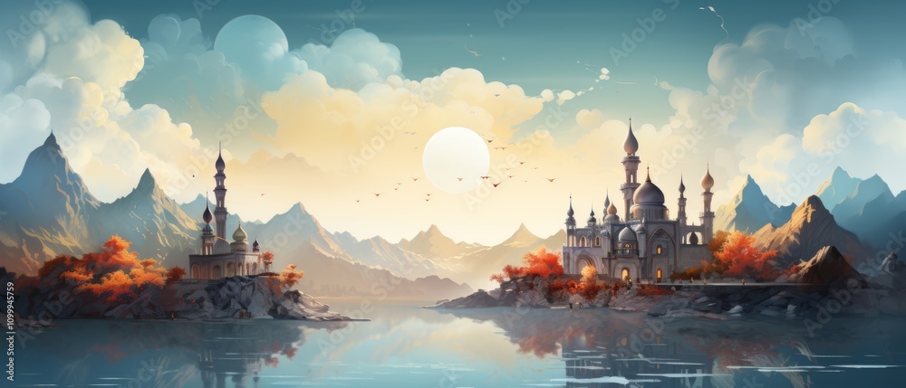 Obraz premium Serene Ramadan Watercolor Painting with Scenic Background and Mosque