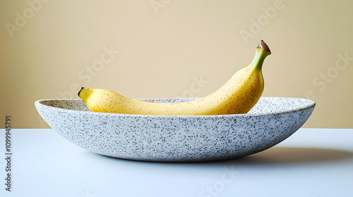 A single ripe yellow banana in a speckled oval bowl on a white table.