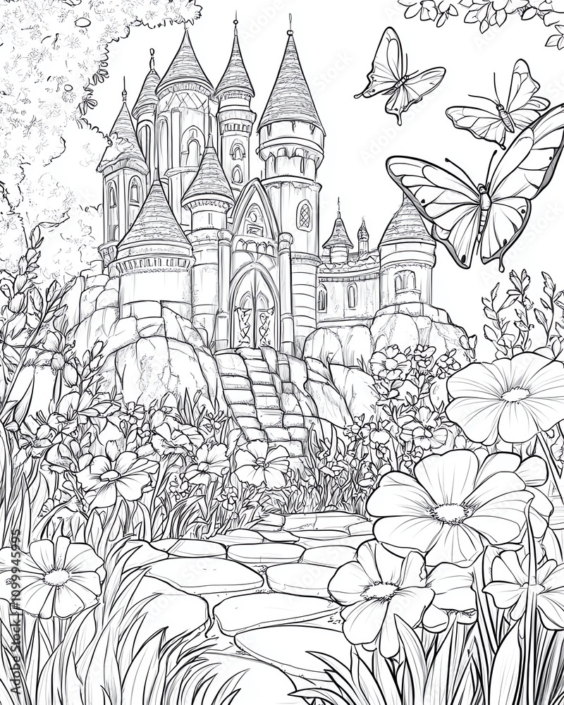 Fototapeta premium A whimsical castle surrounded by flowers and butterflies.
