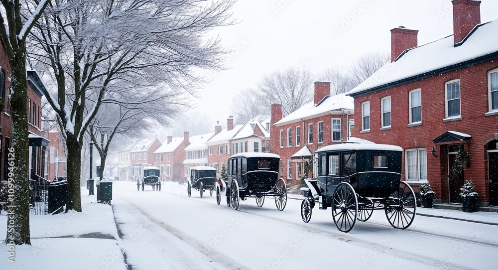 Naklejka premium A snowy street scene with houses carriages and a light dusting of snow on trees for a nostalgic holiday vibe