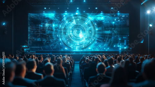Disruptive innovations showcased through a futuristic product demonstration, captivating an audience in a modern conference hall