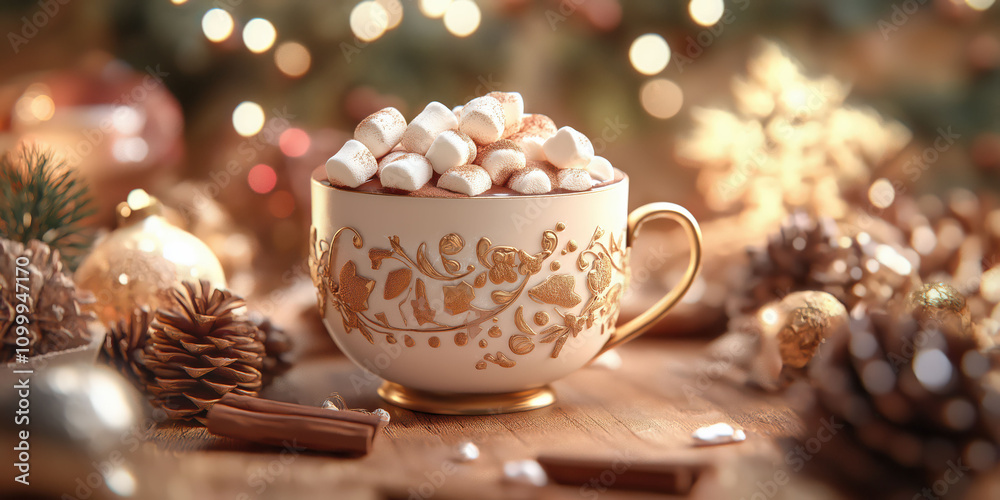 Fototapeta premium Festive hot chocolate with marshmallows in elegant cup on wooden table with christmas decorations