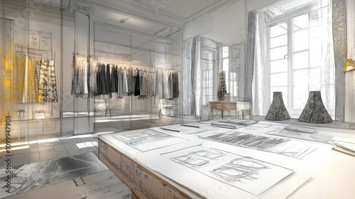 Fashion Design Studio Interior with Sketches and Garments Displayed
