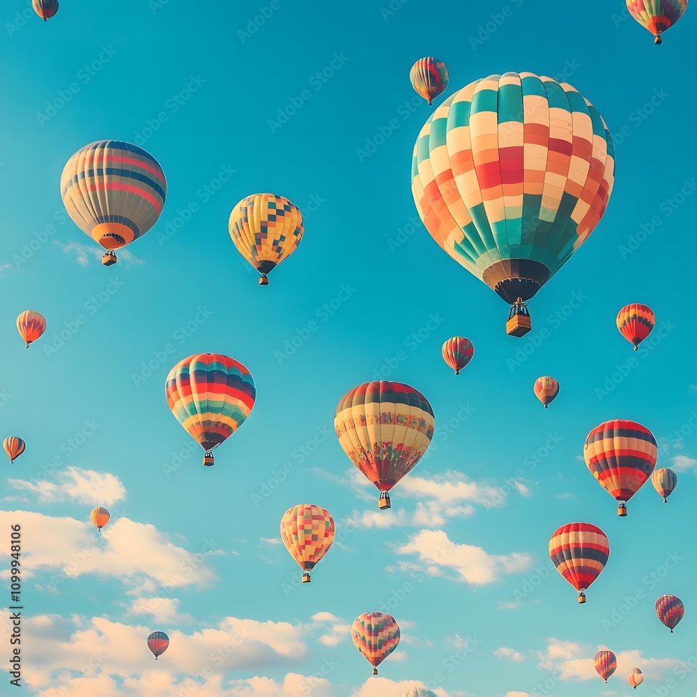 Obraz premium Vibrant Hot Air Balloons Floating in Serene Blue Sky with Wispy Clouds